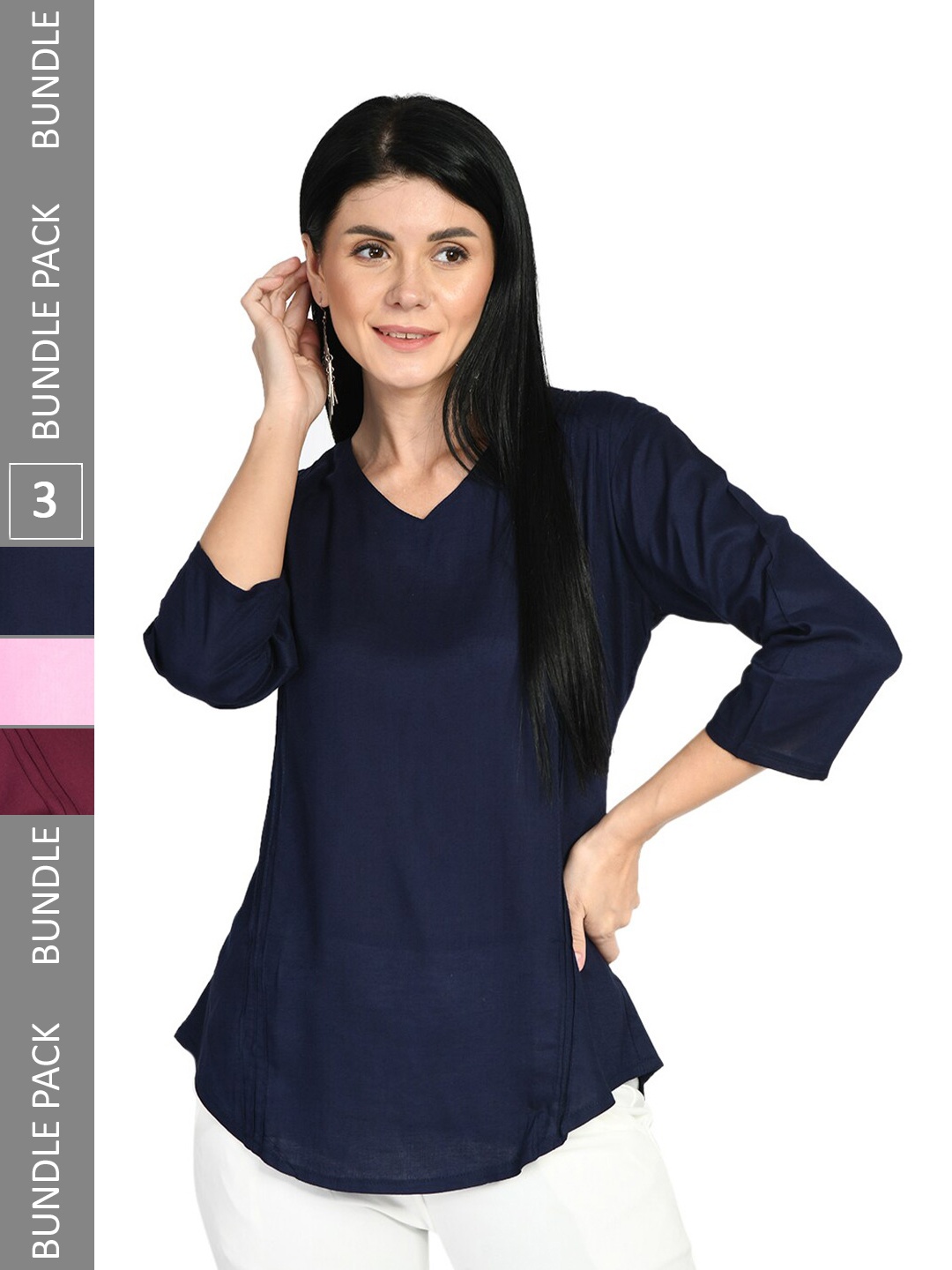 

IndiWeaves Pack Of 3 V-Neck Top, Navy blue