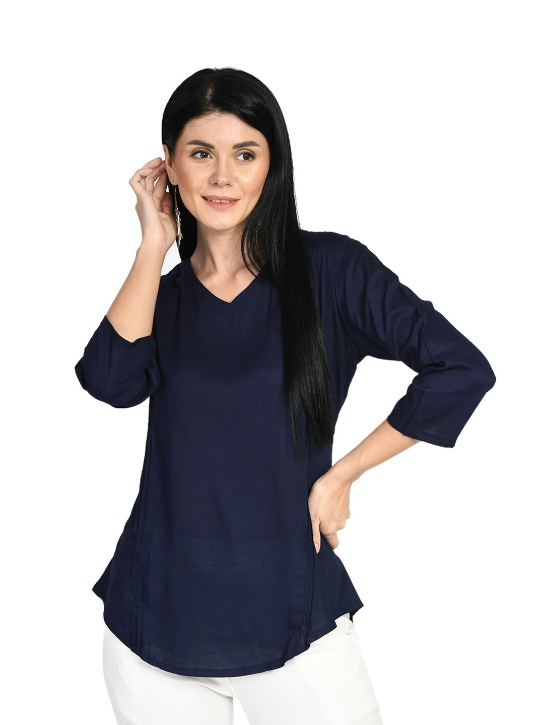 

IndiWeaves V-Neck Regular Sleeves Top, Navy blue