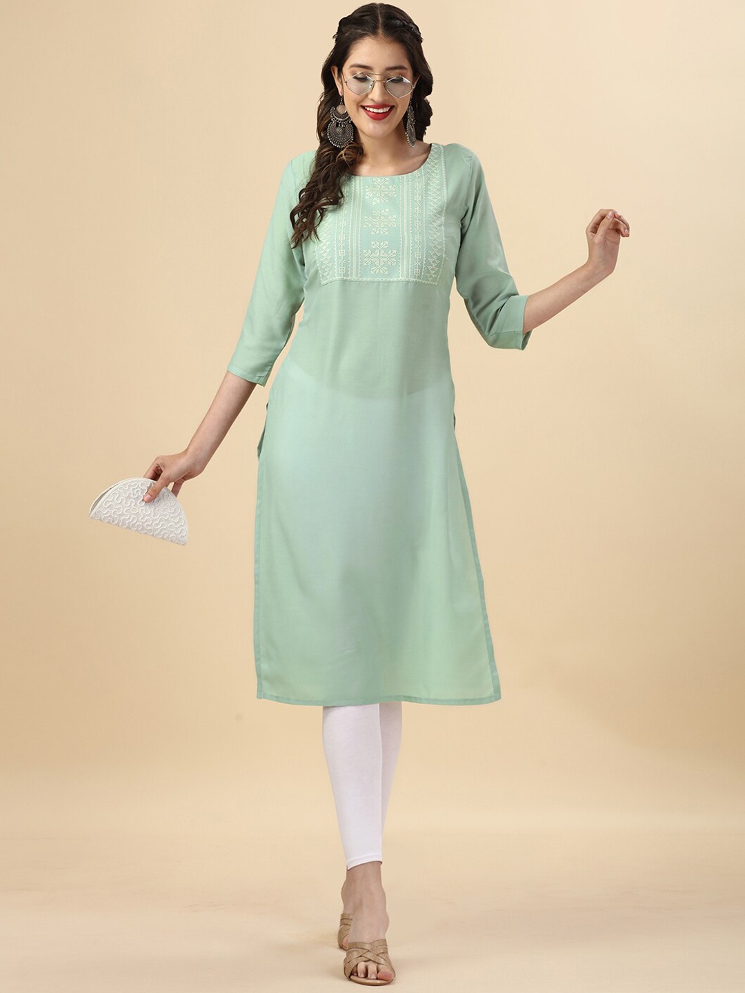 

HERE&NOW Sea Green Ethnic Motifs Yoke Design Straight Kurta