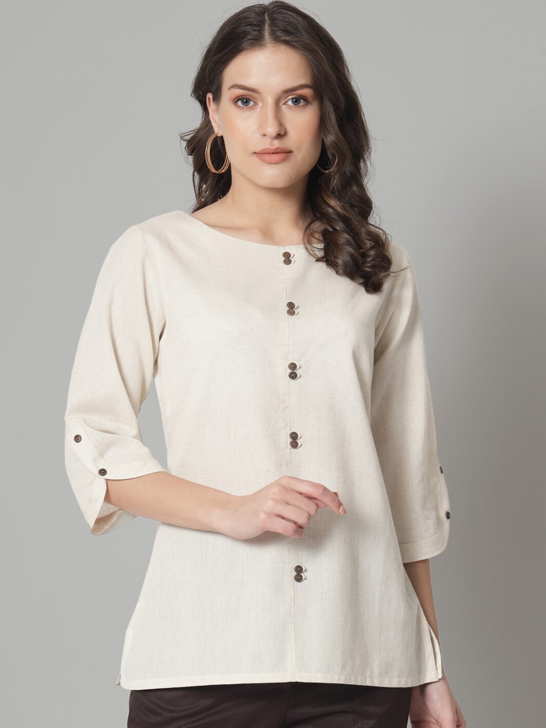

PowerSutra Boat Neck Shirt Style Cotton Linen Top, Beige