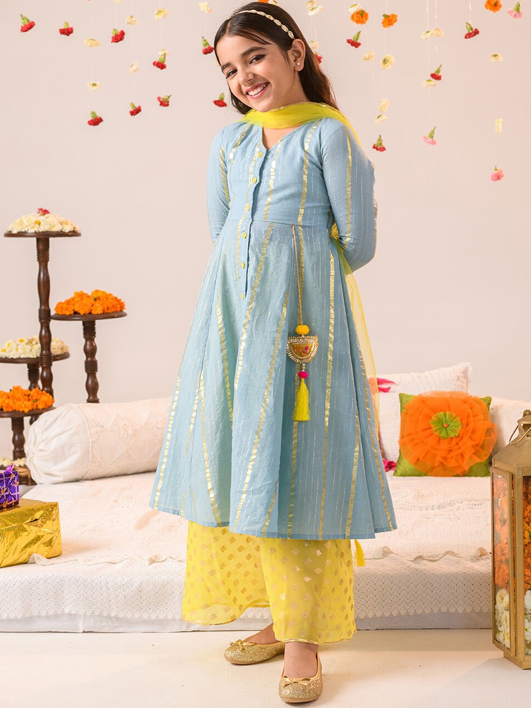 

pspeaches Girls Printed Regular Pure Cotton Kurta with Palazzos & Dupatta, Blue