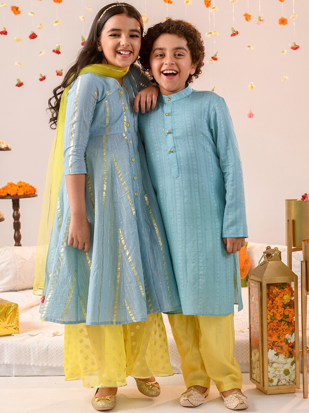 

pspeaches Girls Printed Regular Pure Cotton Kurta with Pyjamas & Dupatta, Blue