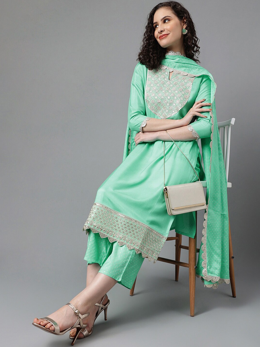 

Khushal K Ethnic Motifs Yoke Design Sequined Zari Kurta with Palazzos & Dupatta, Sea green