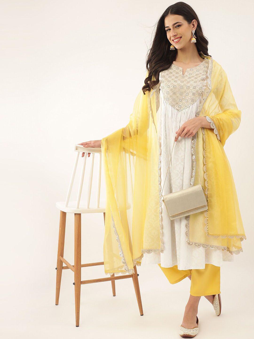 

Khushal K Ethnic Motifs Embroidered Zari Sequined Kurta with Palazzos & Dupatta, White