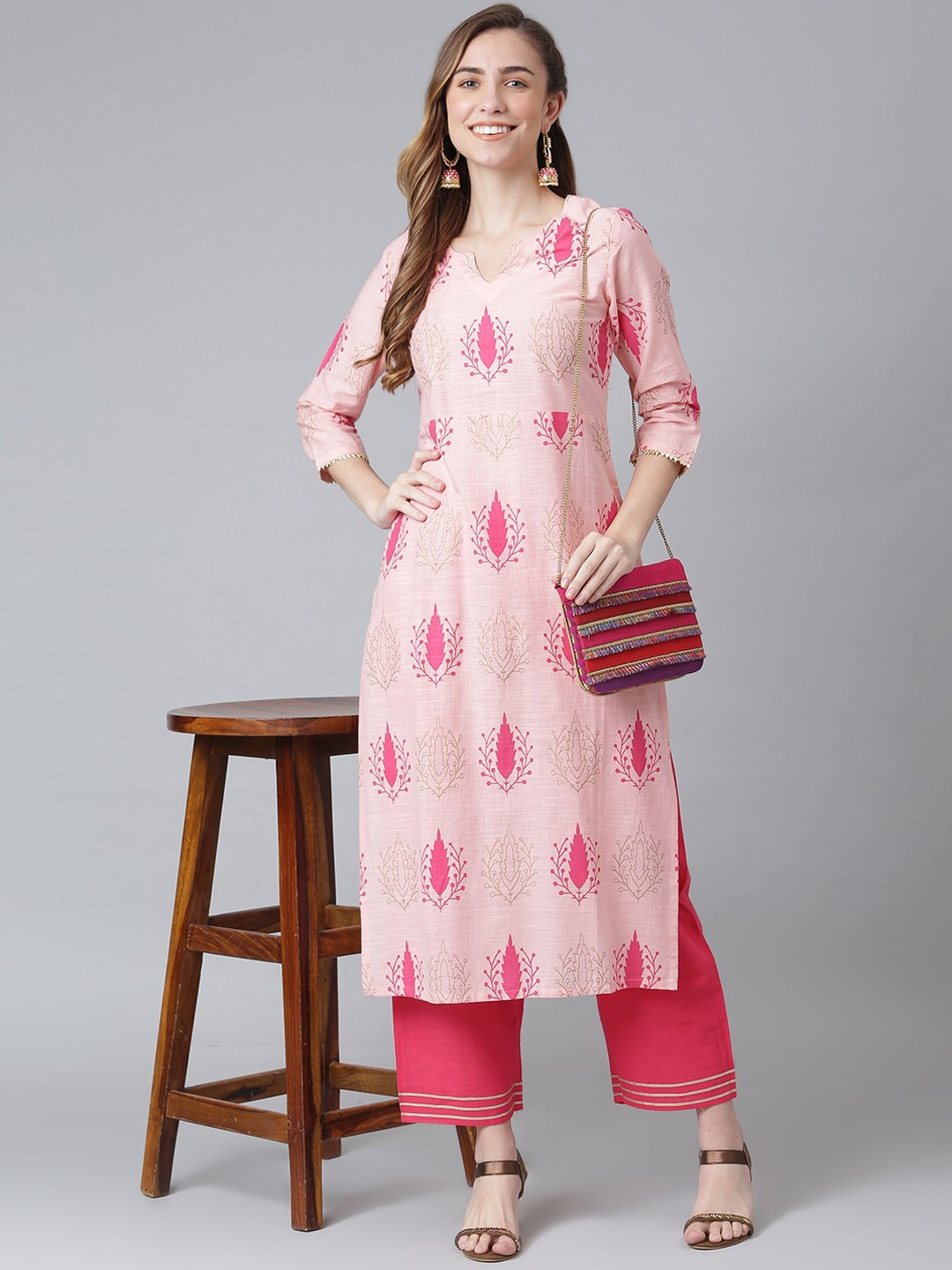 

Khushal K Ethnic Motifs Printed Pure Cotton Kurta with Palazzos, Pink