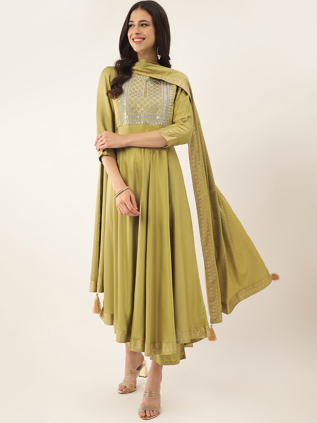 

Khushal K Ethnic Motifs Embroidered Sequined Kurta with Palazzos & Dupatta, Green