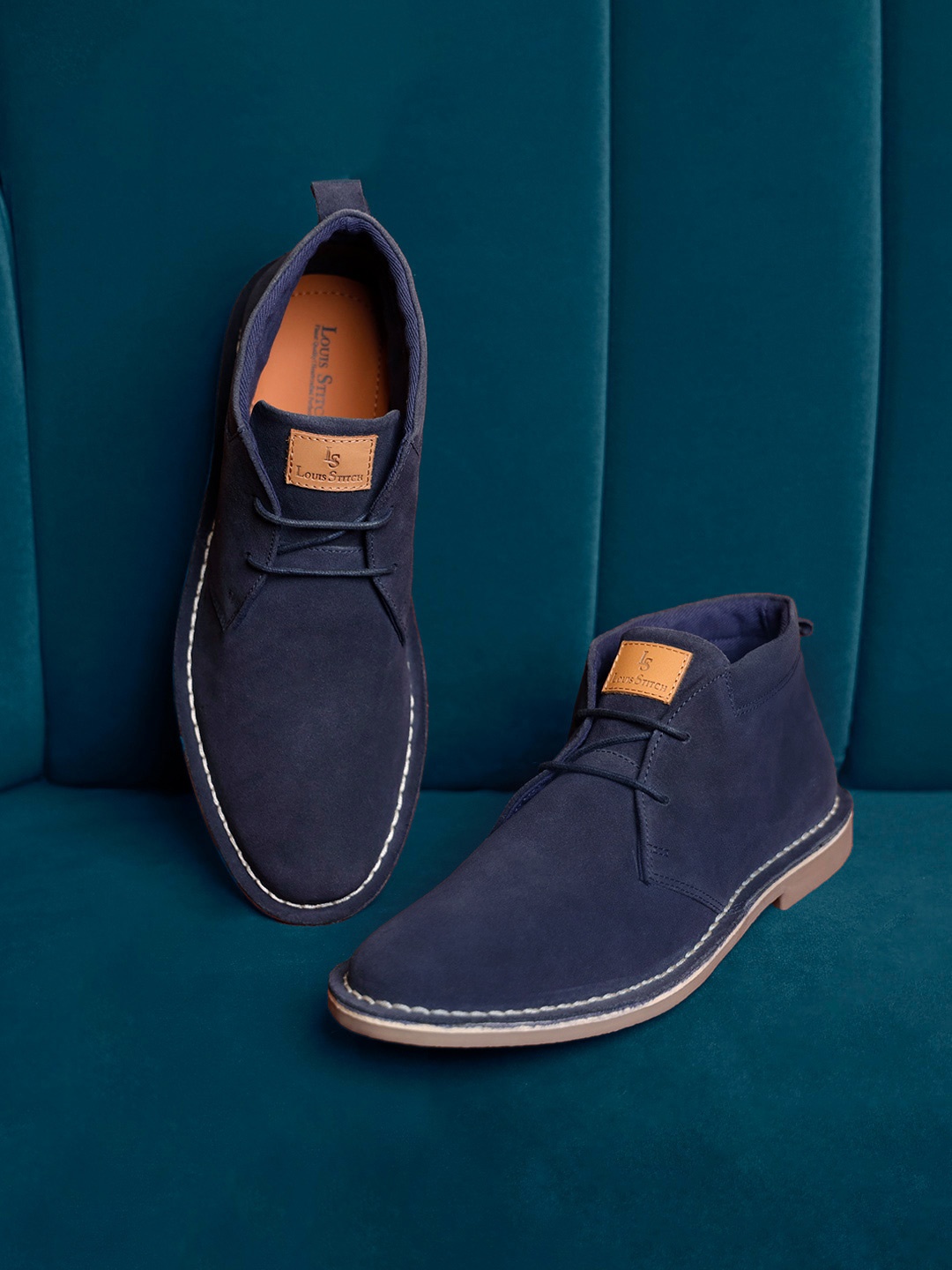 

LOUIS STITCH Men Mid-Top Solid Suede Desert Boots, Navy blue