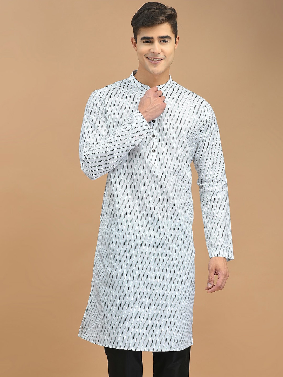 

DEYANN Band Collar Striped Straight Cotton Kurta, White