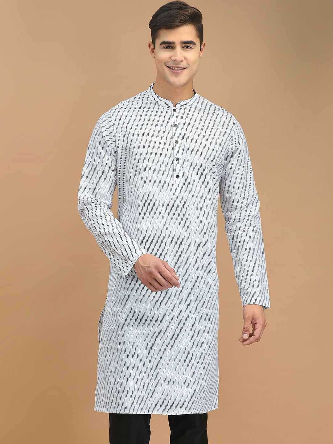 

DEYANN Striped Mandarin Collar Pure Cotton Kurta, White