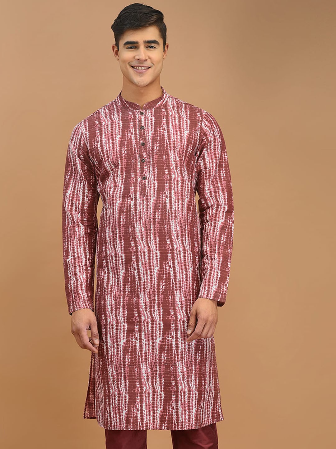 

DEYANN Mandarin Collar Abstract Printed Cotton Silk Straight Kurta, Maroon