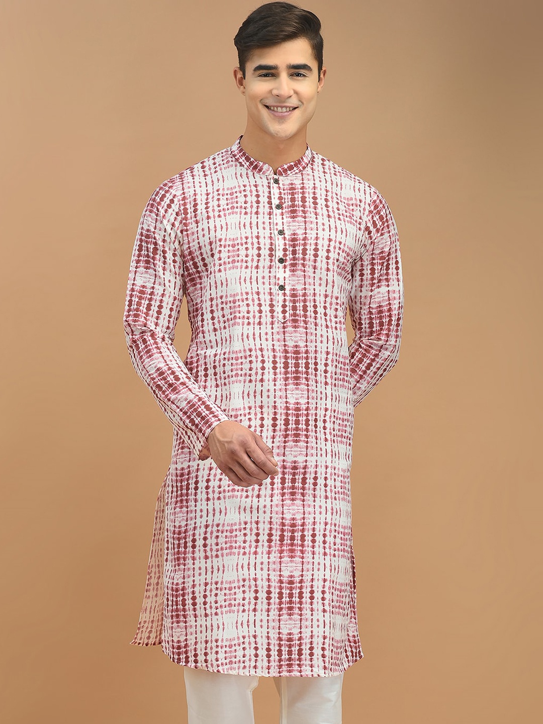 

DEYANN Mandarin Collar Abstract Printed Straight Cotton Silk Kurta, Red