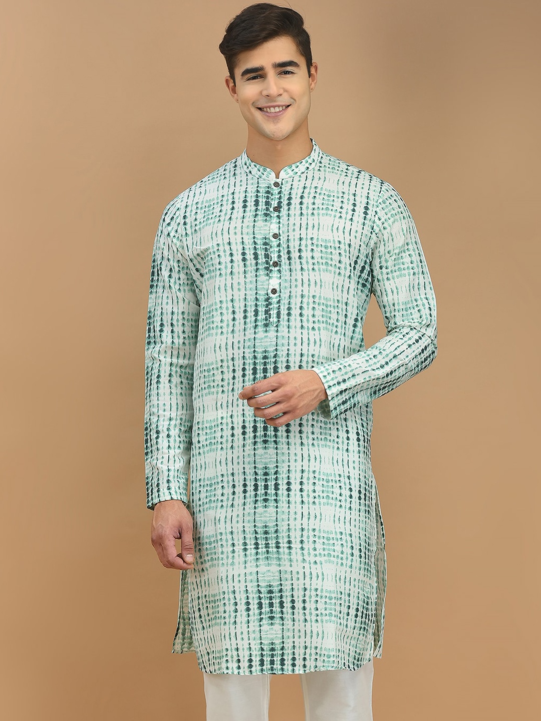 

DEYANN Mandarin Collar Abstract Printed Cotton Silk Kurta, White