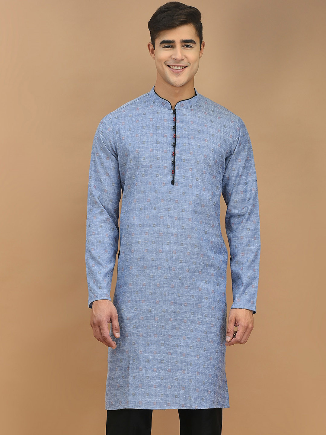 

DEYANN Mandarin Collar Geometric Woven Design Jacquard Kurta, Blue