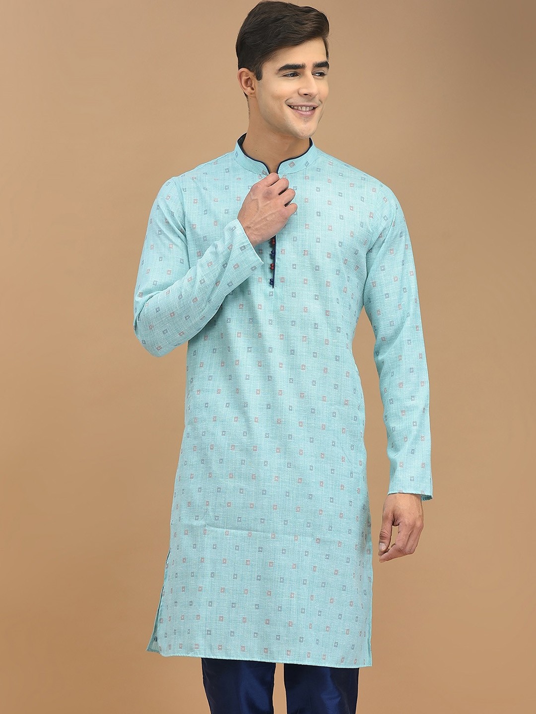 

DEYANN Mandarin Collar Geometeric Printed Straight Kurta, Blue