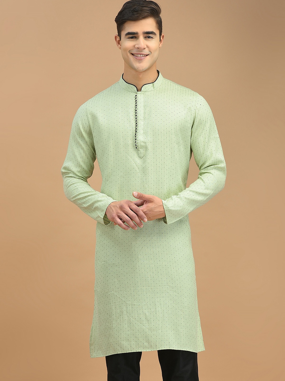 

DEYANN Mandarin Collar Striped Thread Work Straight Jacquard Kurta, Green