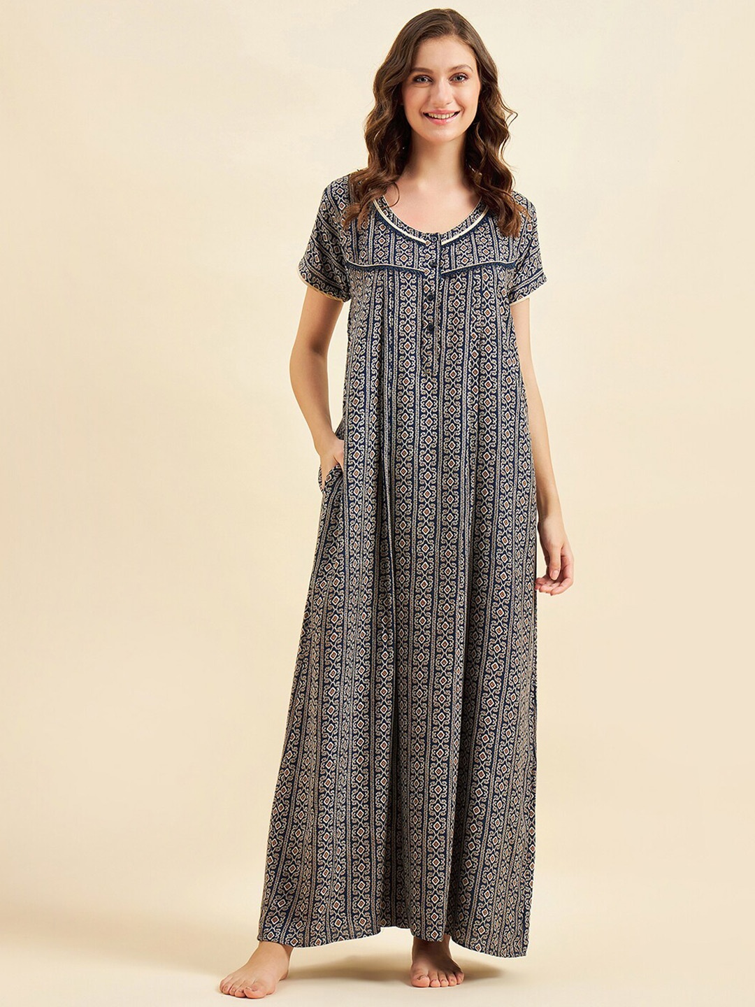 

Sweet Dreams Navy Blue & White Ethnic Motifs Printed Pure Cotton Maxi Nightdress