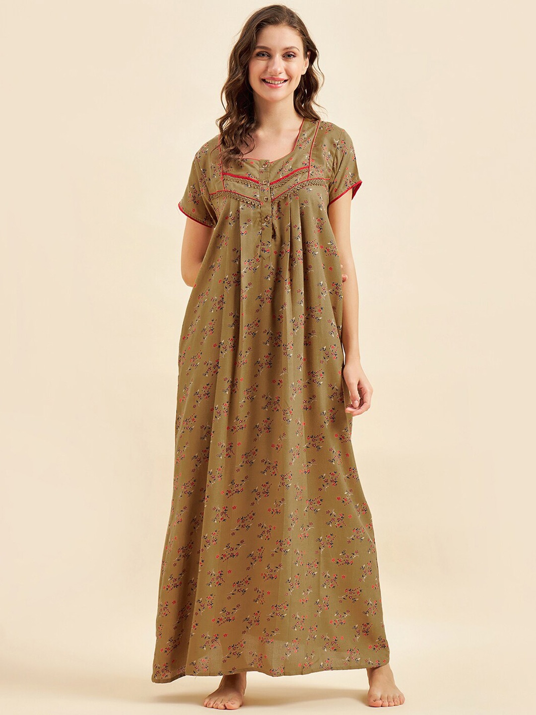 

Sweet Dreams Mustard Yellow & Red Floral Printed Pure Cotton Maxi Nightdress