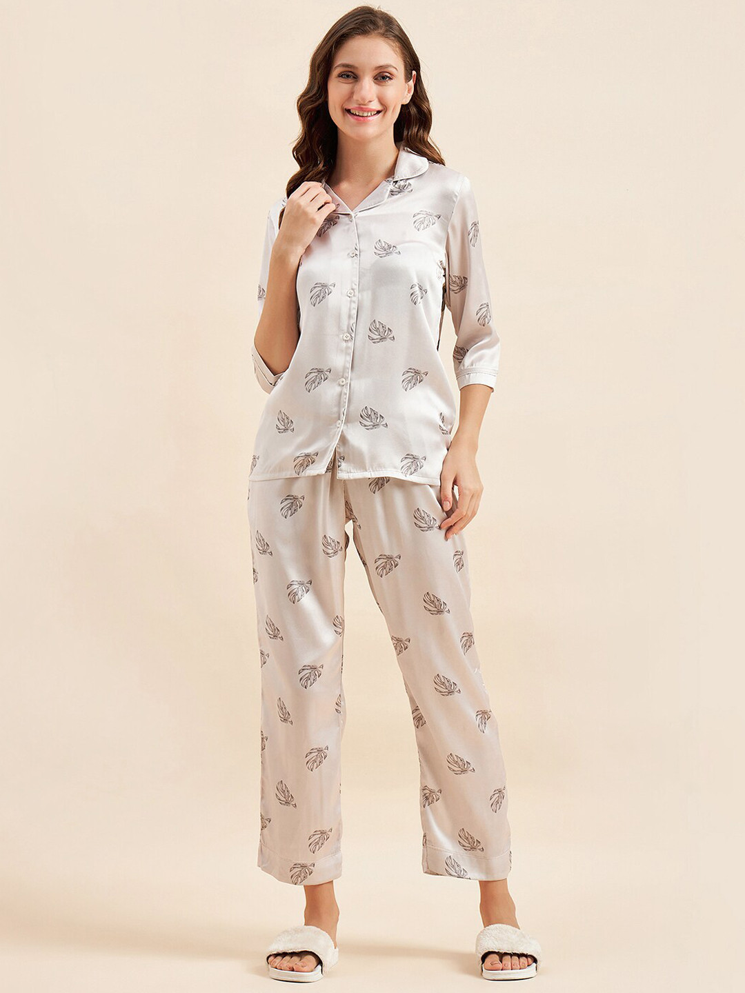 

Sweet Dreams Grey & Black Floral Printed Satin Night Suit