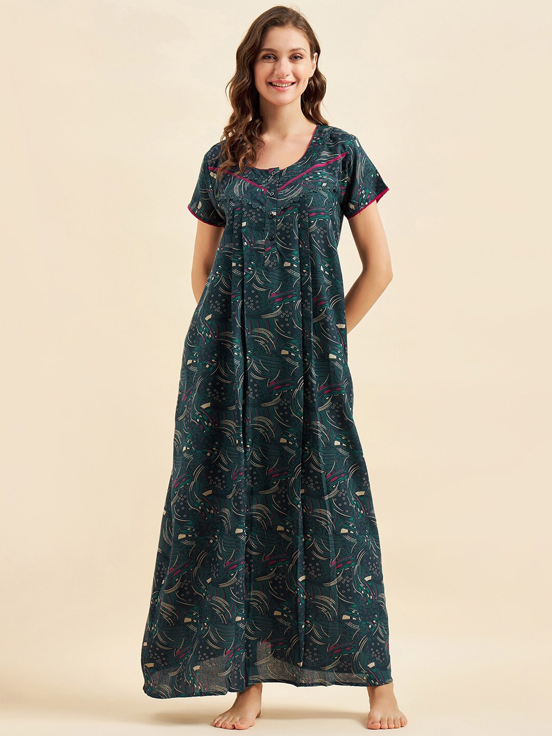 

Sweet Dreams Green & Pink Printed Pure Cotton Maxi Nightdress