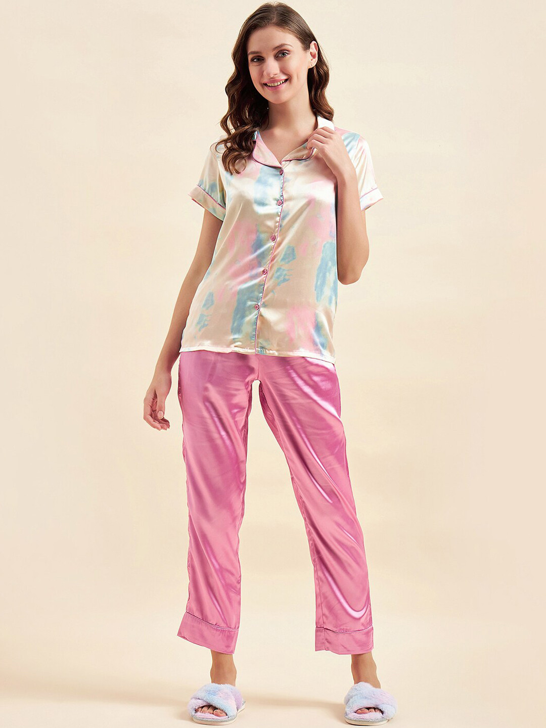 

Sweet Dreams Pink & Blue Tie And Dye Printed Satin Night Suit