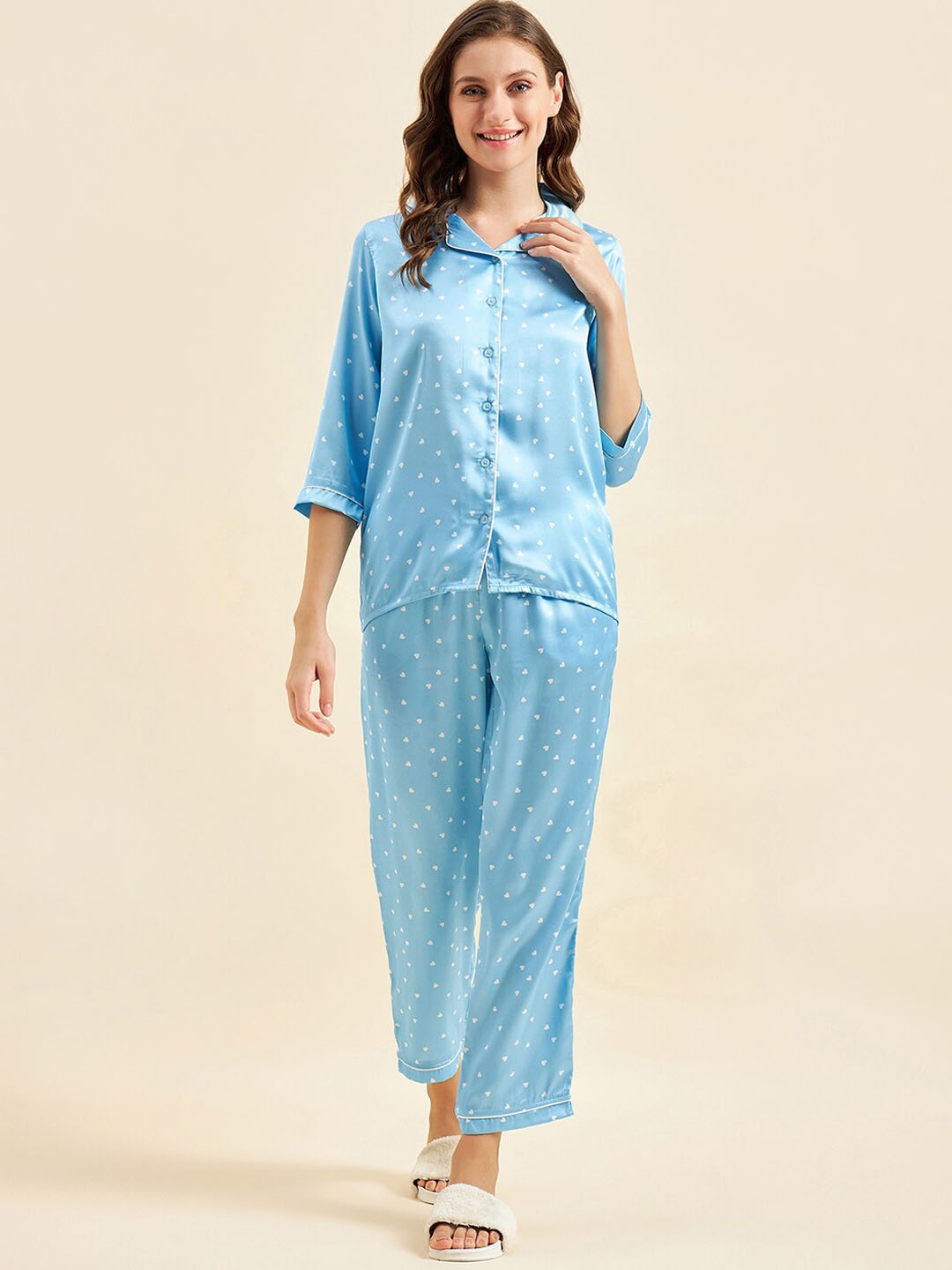 

Sweet Dreams Blue & White Conversational Printed Satin Night Suit