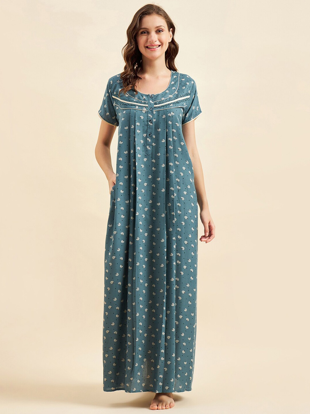 

Sweet Dreams Green & White Floral Printed Pure Cotton Maxi Nightdress