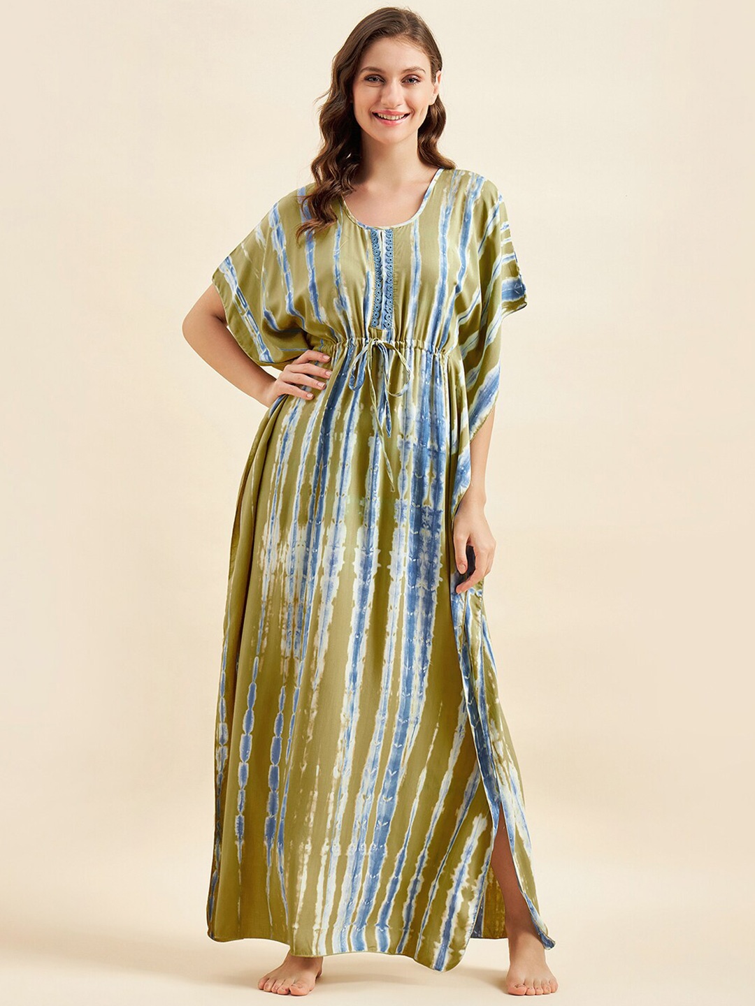 

Sweet Dreams Green & Blue Striped Kaftan Maxi Nightdress