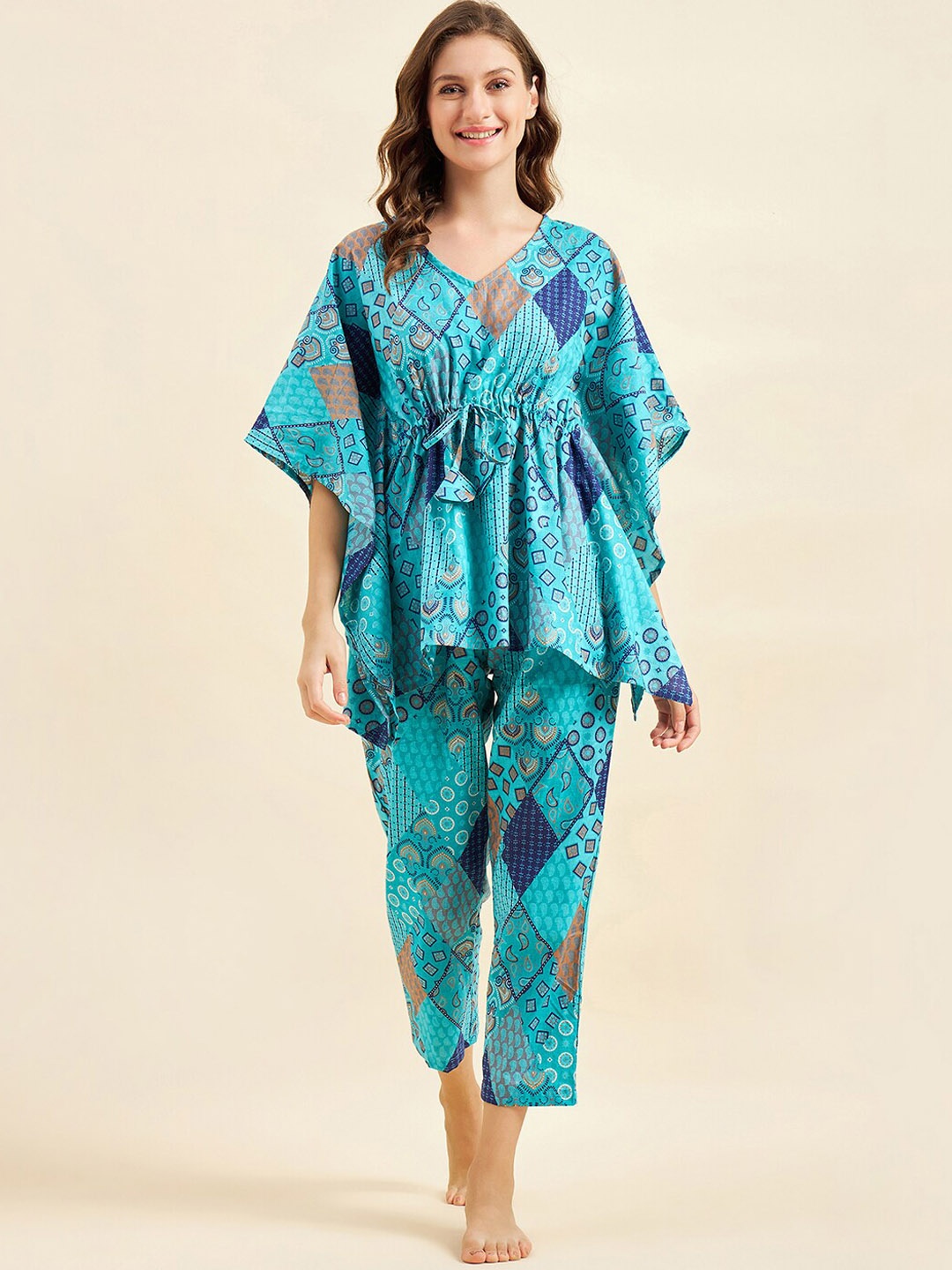

Sweet Dreams Green & Orange Ethnic Motifs Printed Pure Cotton Night Suit