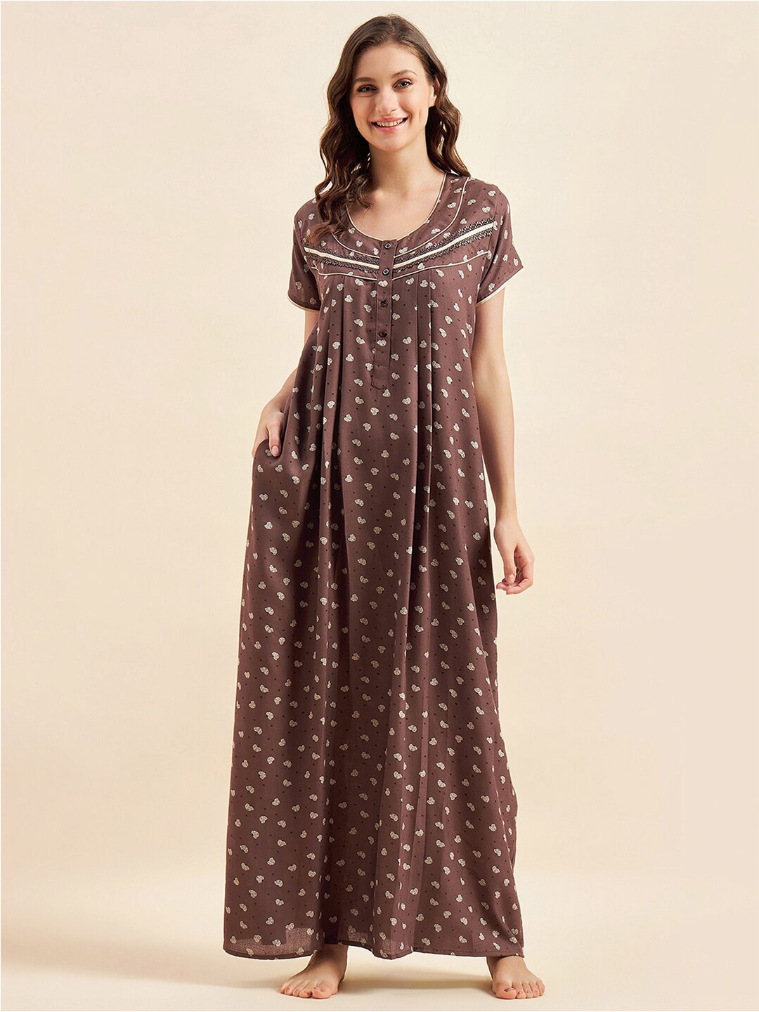 

Sweet Dreams Brown & White Floral Printed Pure Cotton Maxi Nightdress