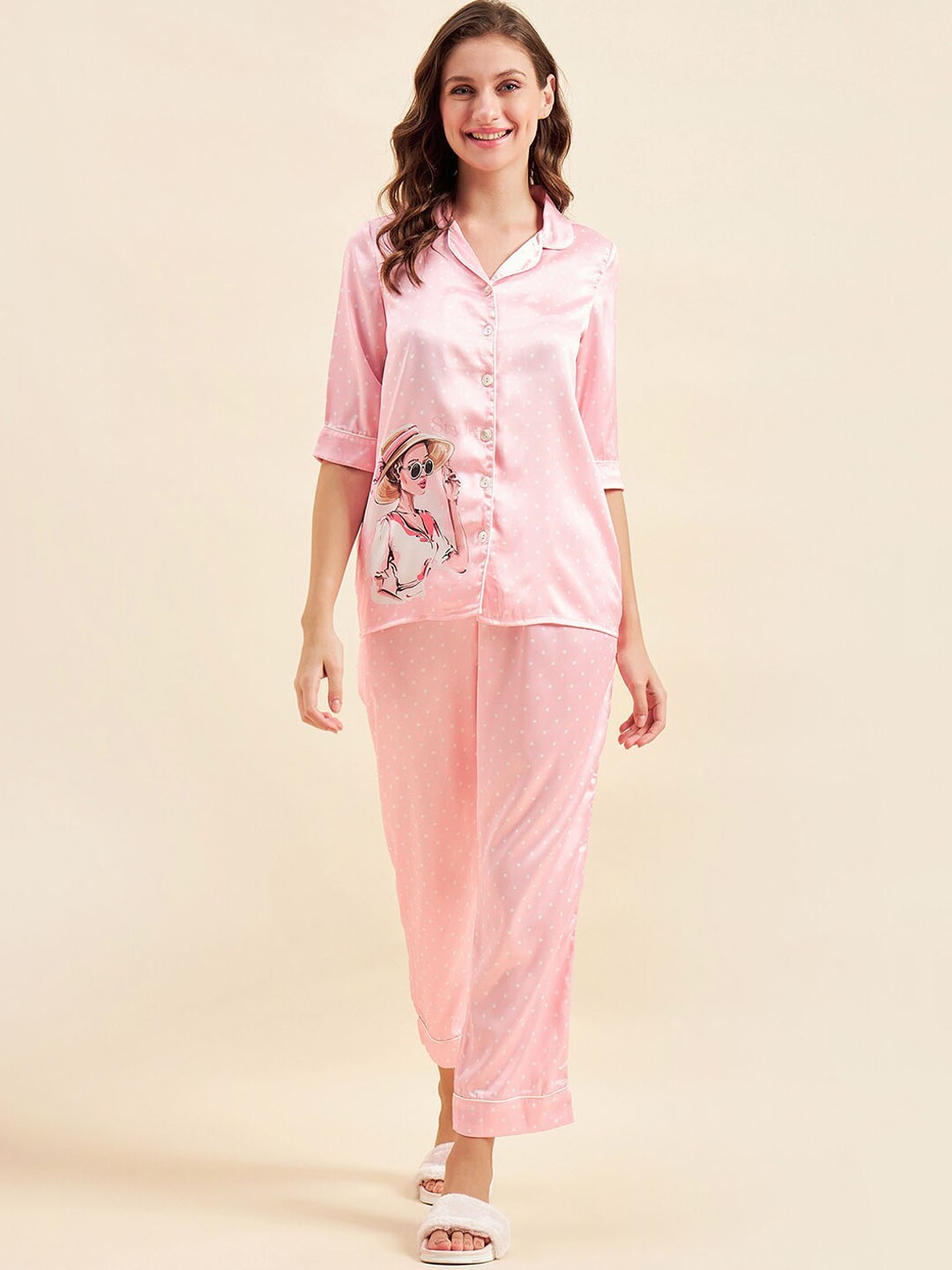 

Sweet Dreams Peach-Coloured & White Polka Dots Printed Satin Night Suit