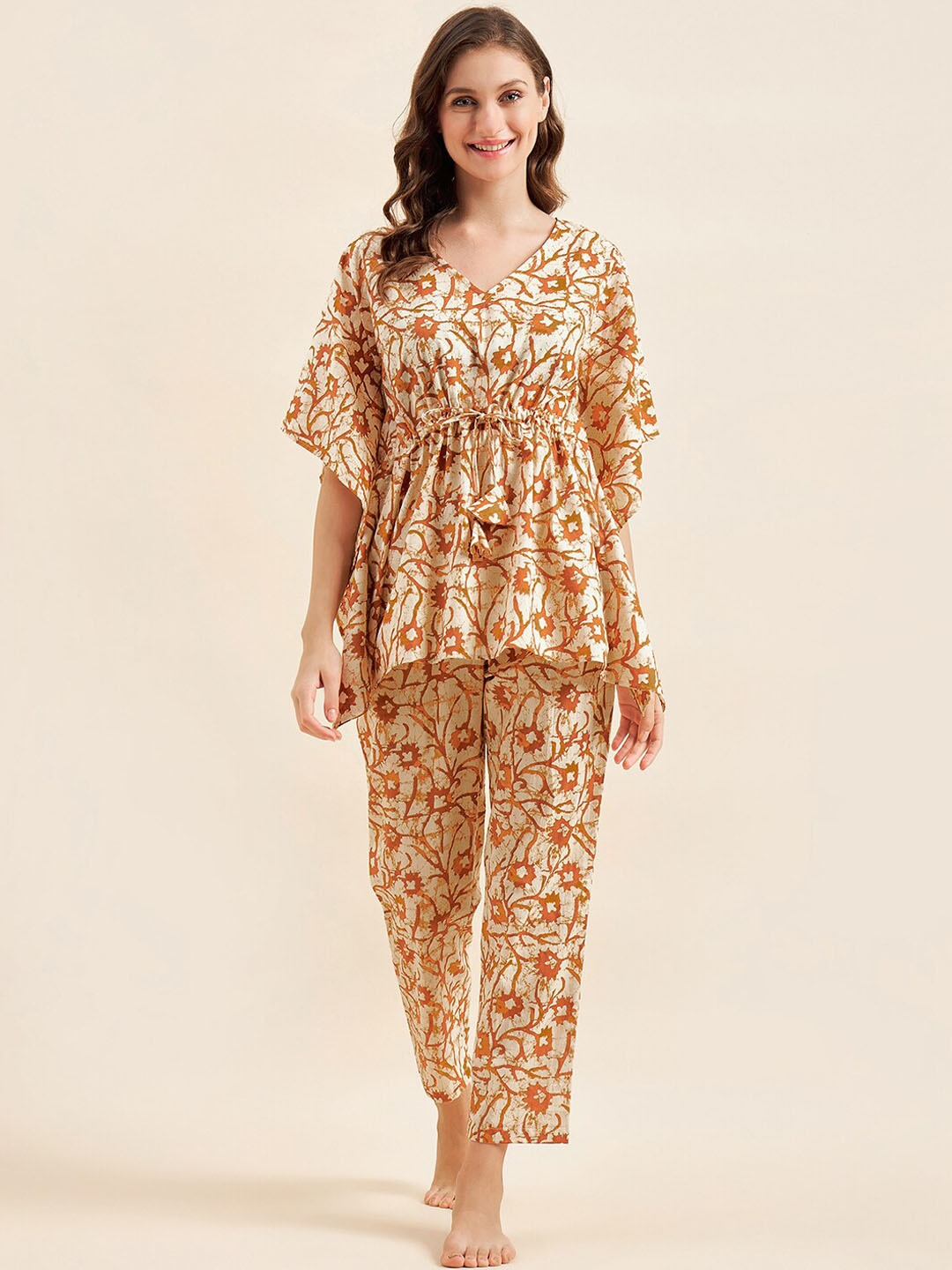 

Sweet Dreams Brown & White Ethnic Motifs Printed Pure Cotton Night Suit