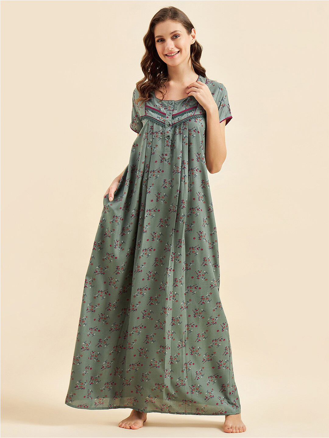 

Sweet Dreams Green & Pink Floral Printed Pure Cotton Maxi Nightdress