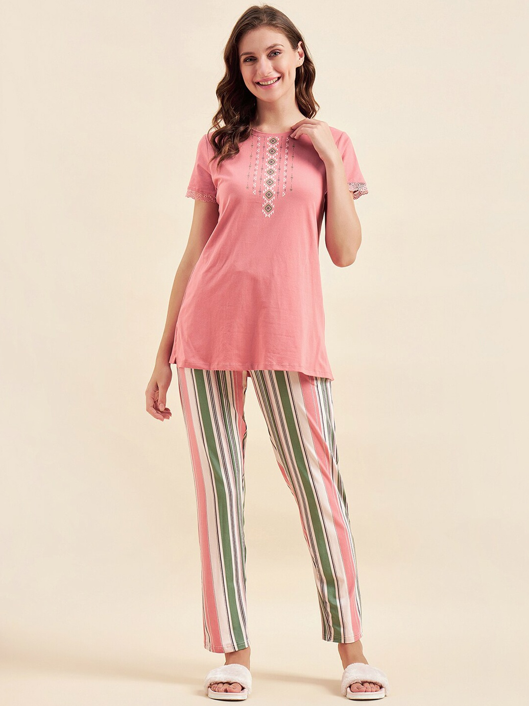 

Sweet Dreams Rose & Green Striped Pure Cotton Night Suit