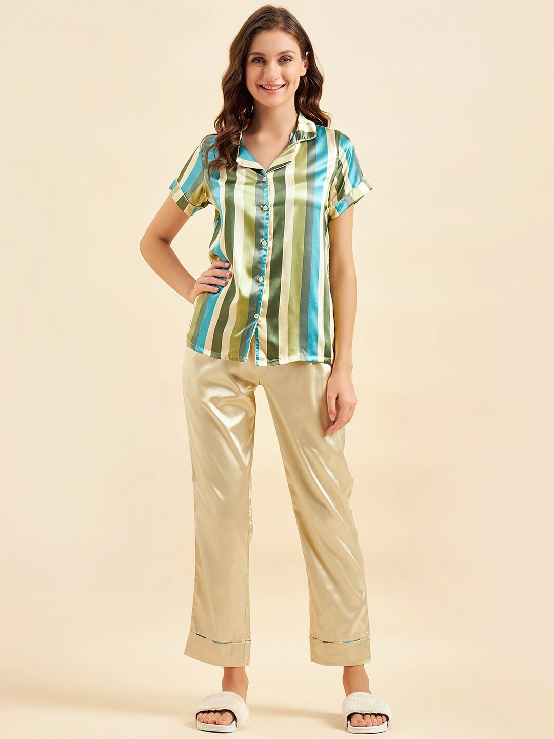 

Sweet Dreams Green & Blue Striped Satin Night Suit