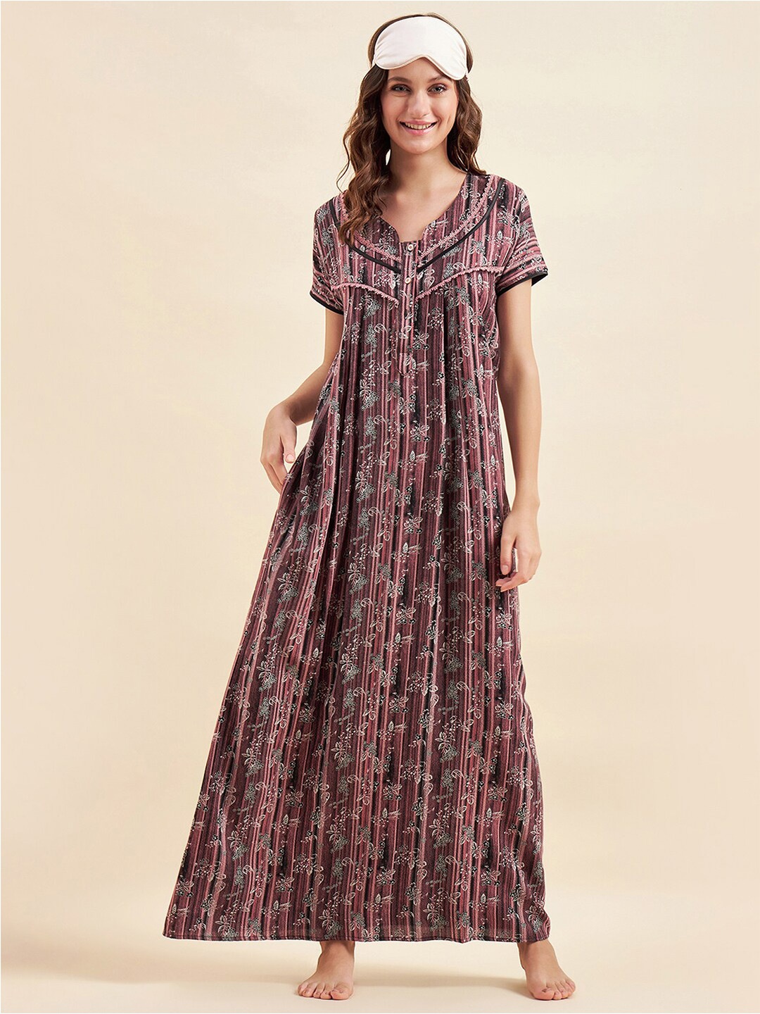 

Sweet Dreams Brown & Grey Floral Printed Pure Cotton Maxi Nightdress