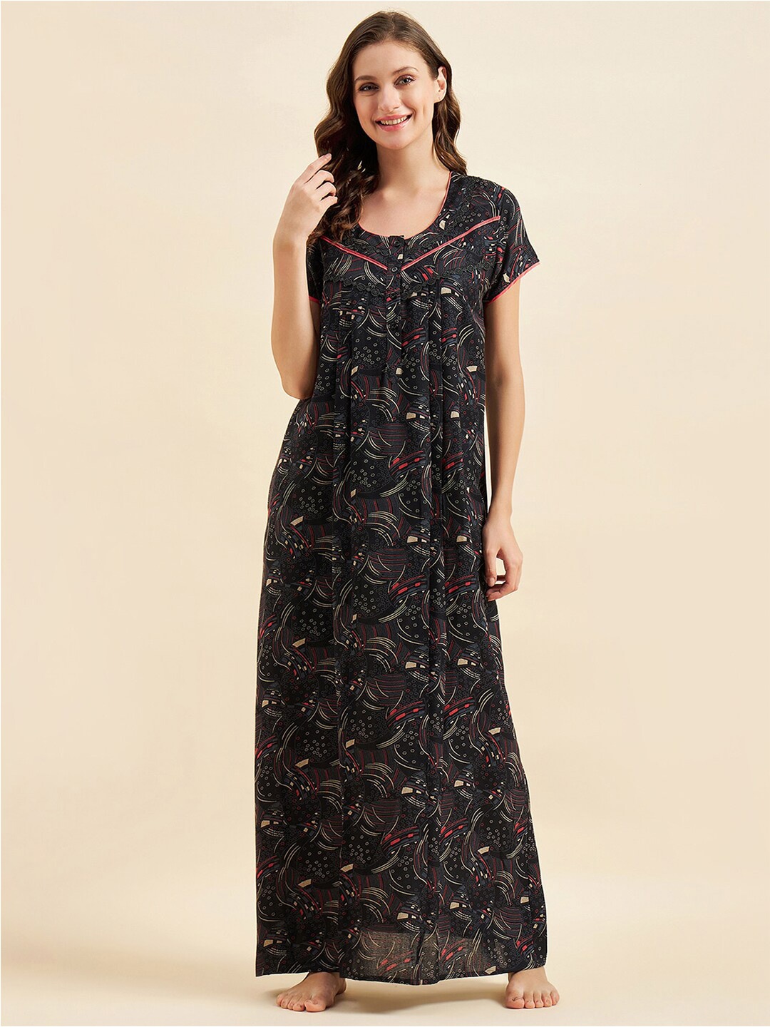 

Sweet Dreams Black & Cream-Coloured Printed :Pure Cotton Maxi Nightdress