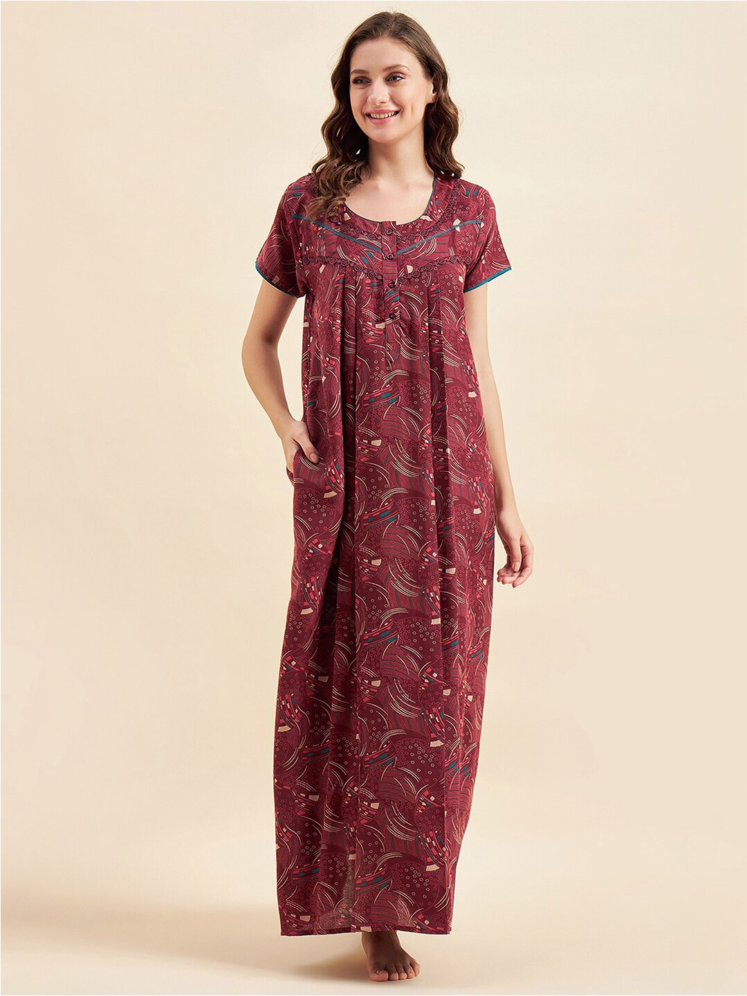 

Sweet Dreams Maroon& White Printed Pure Cotton Maxi Nightdress