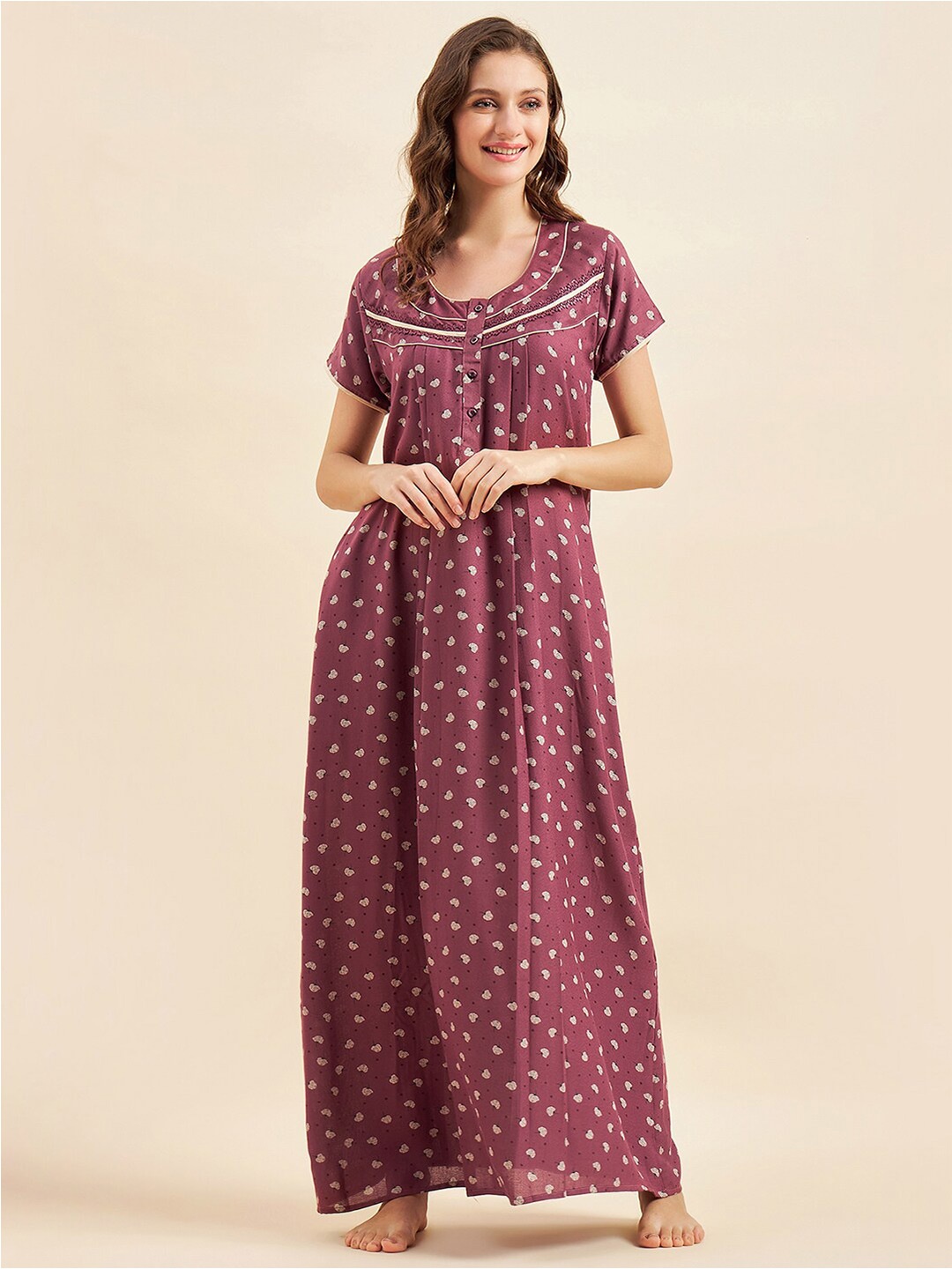 

Sweet Dreams Rose Pink & White Floral Printed Pure Cotton Maxi Nightdress