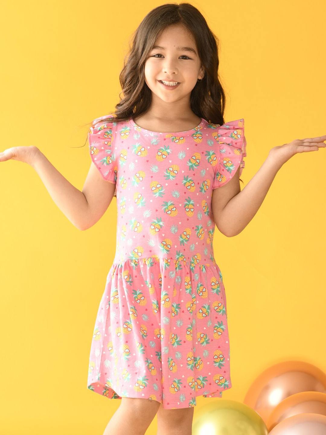 

Anthrilo Girls Conversational Printed Pure Cotton Fit & Flare Dress, Pink