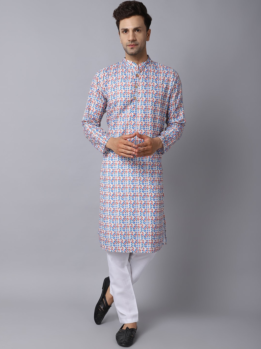 

Murta Trends Mandarin Collar Geometeric Printed Straight Kurta with Pyjamas, White
