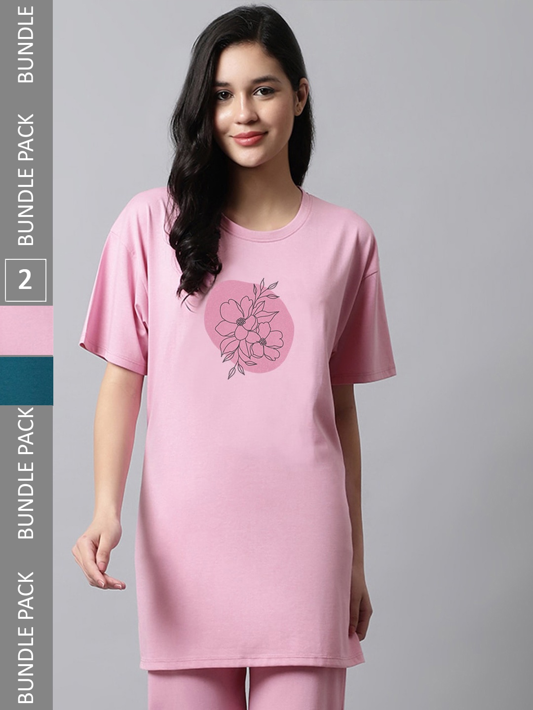 

Kanvin Pink & Teal Green Pack Of 2 Printed Lounge T-shirts