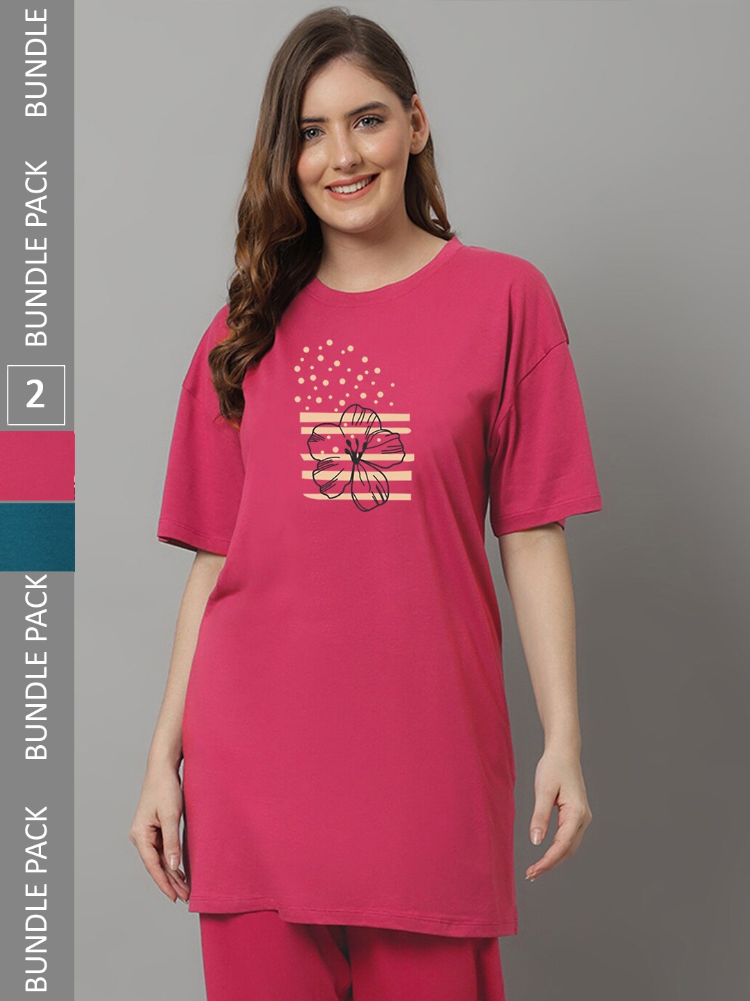 

Kanvin Teal & Pink Pack Of 2 Oversized Printed T-shirts