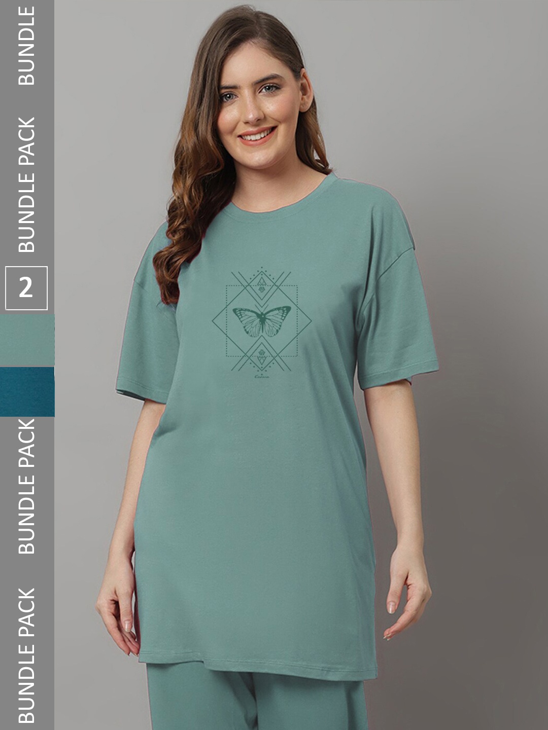 

Kanvin Grey & Teal Blue Pack Of 2 Printed Lounge T-shirts