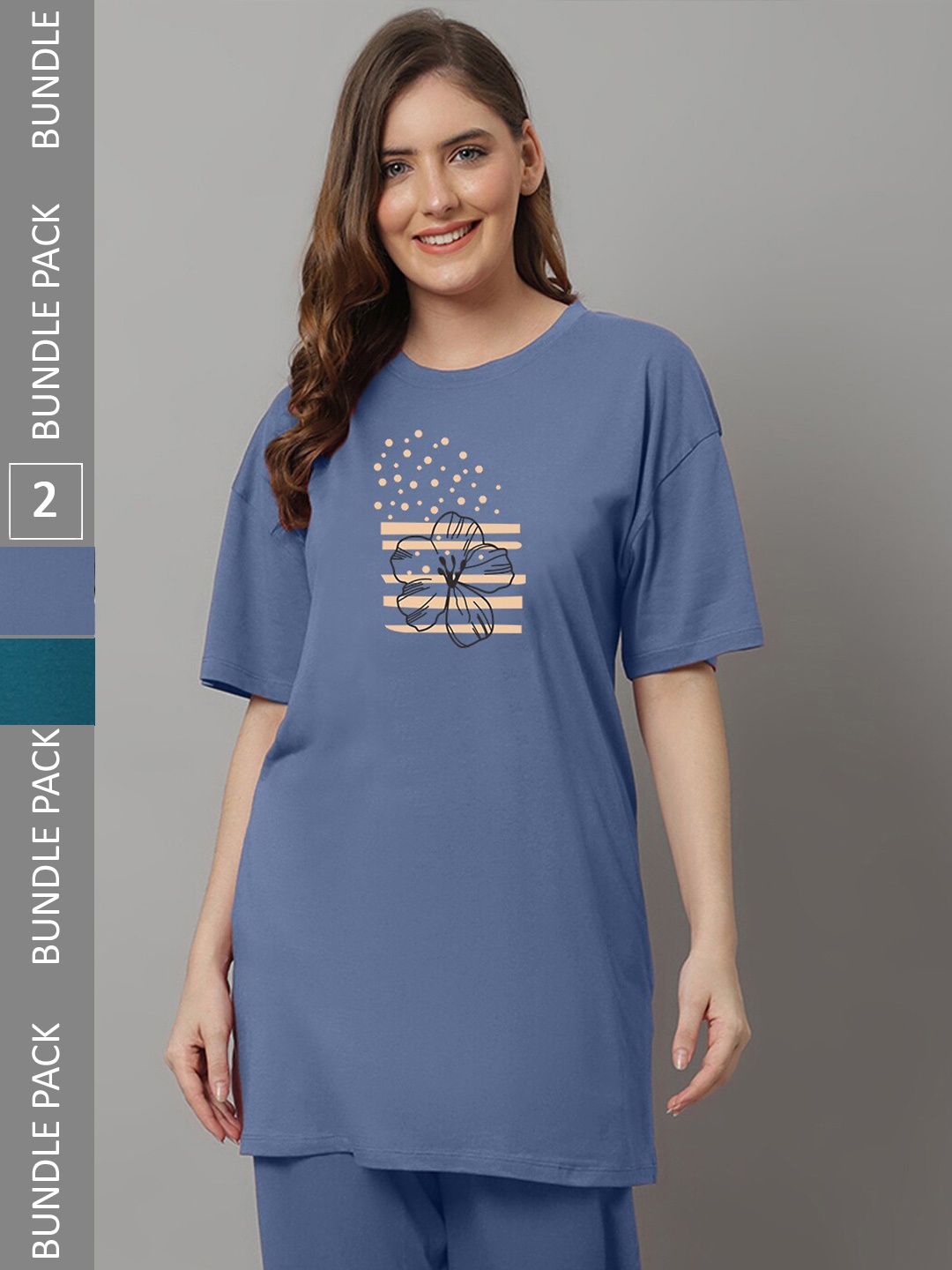 

Kanvin Blue & Teal Green Pack Of 2 Printed Lounge T-shirts