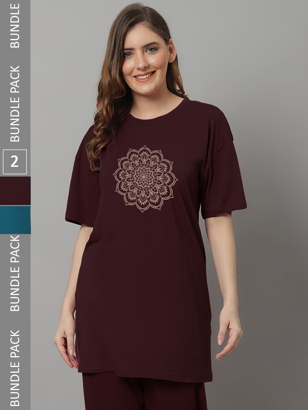 

Kanvin Maroon & Teal Pack Of 2 Printed Lounge T-shirts