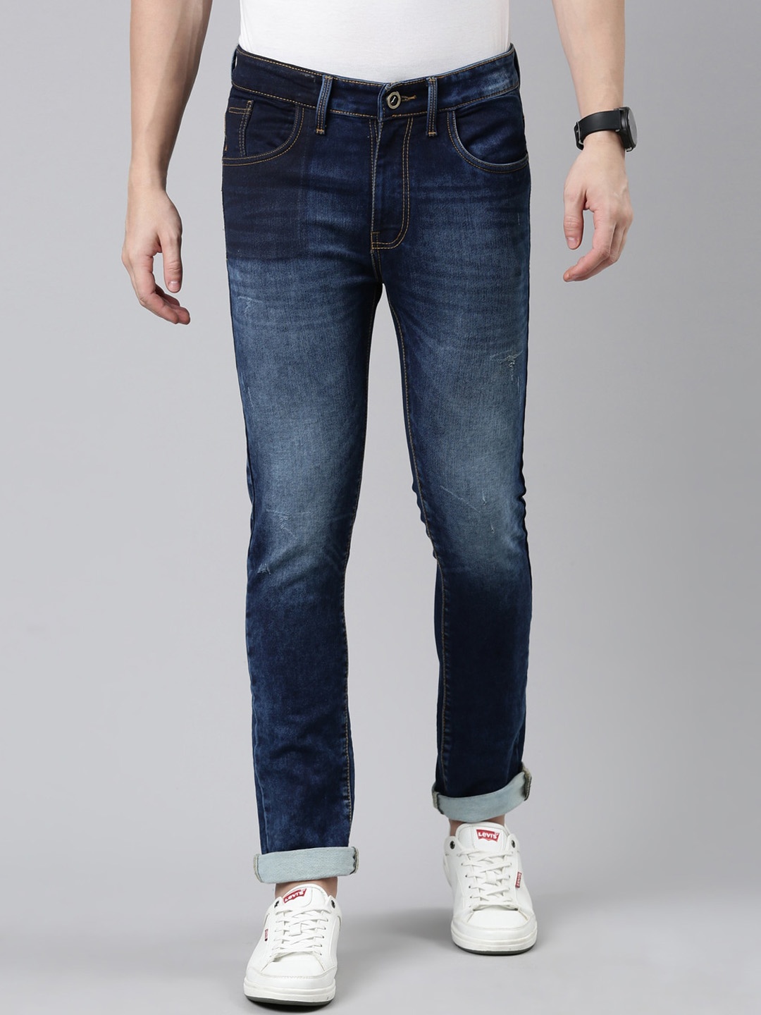 

CINOCCI Men Mid Rise Clean Look Heavy Fade Whiskers Cotton Jeans, Blue