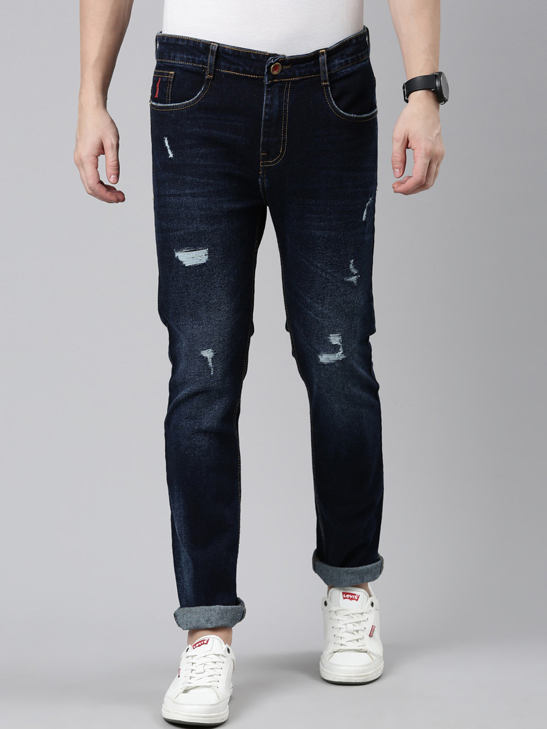 

CINOCCI Men Slim Fit Low Distress Light Fade Stretchable Jeans, Blue