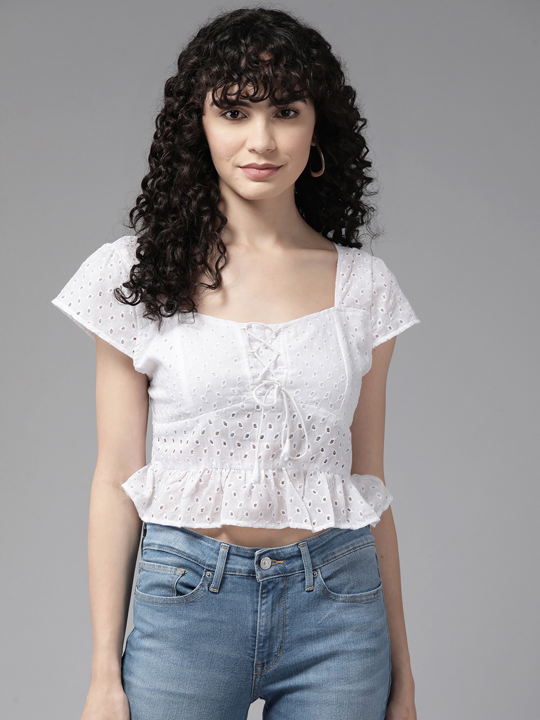 

Aarika Geometric Embroidered Cotton Smocked Peplum Crop Top, White