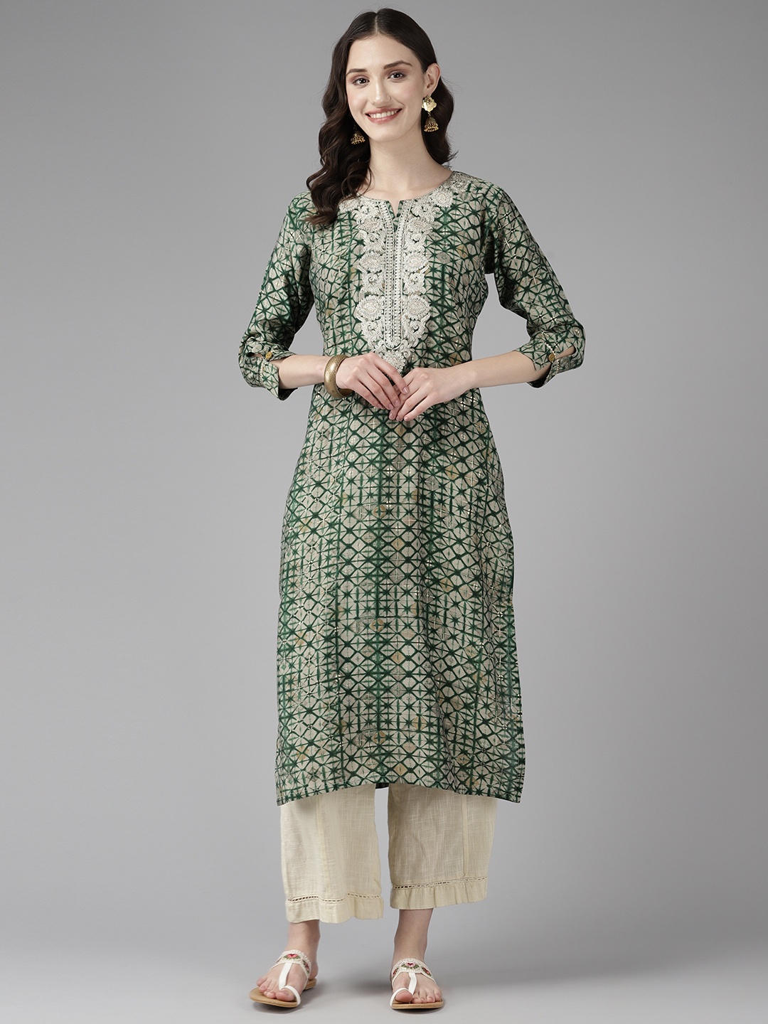 

Aarika Geometric Dyed Zari Foil Print Kurta, Green