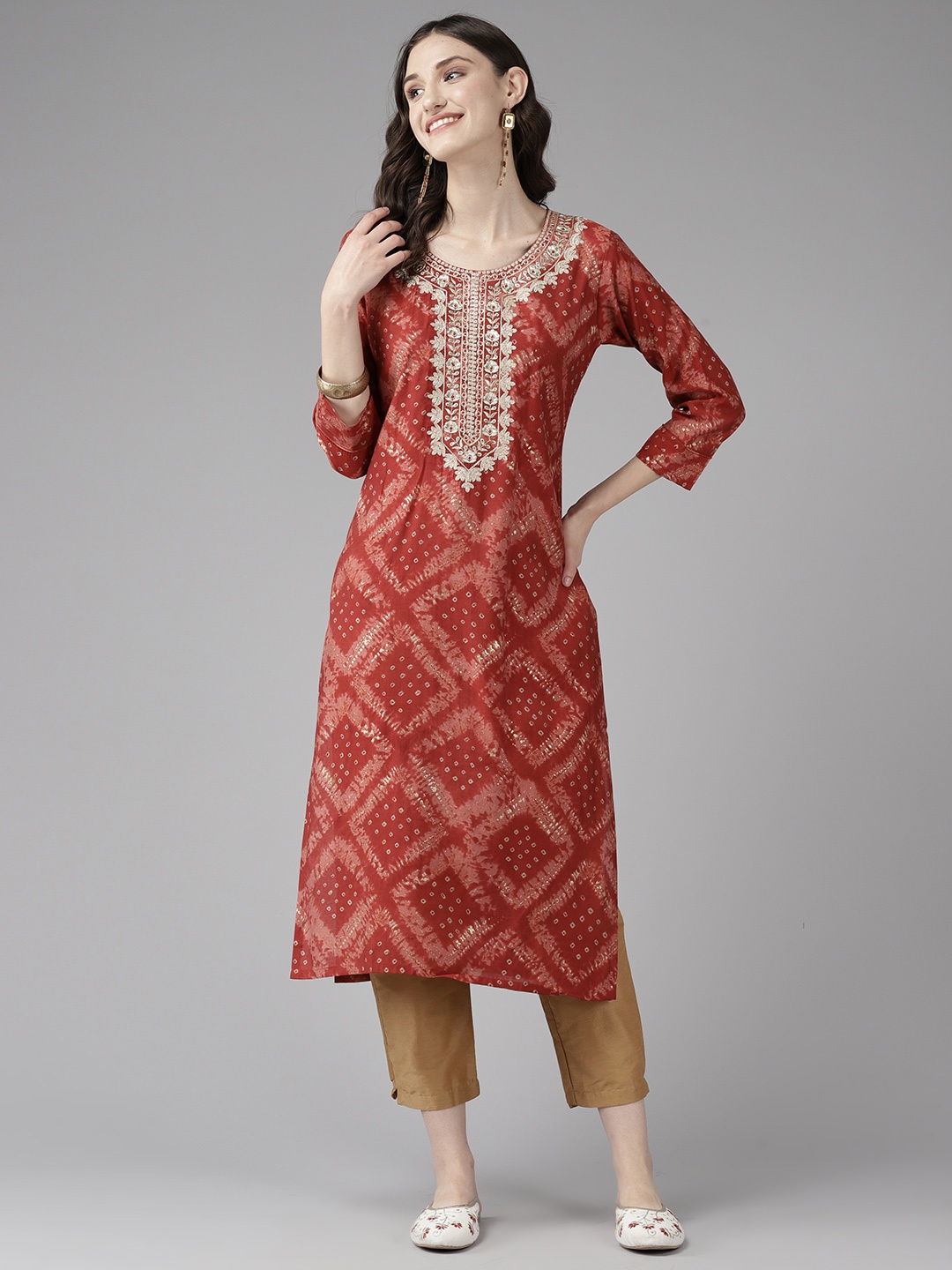 

Aarika Bandhani Zari Embroidered Kurta, Rust